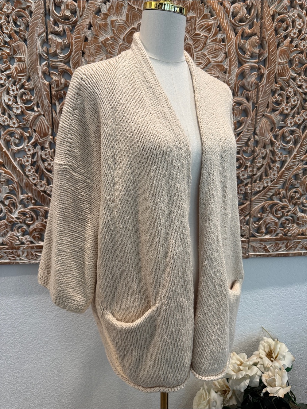 LOFT Cream Open-Front 3/4 Sleeves Cotton Knit Cozy Cardigan- size L - Picture 4 of 12